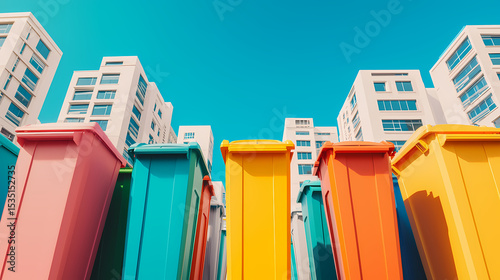 Colorful trash bins in red, blue, yellow, and orange stand in front of modern white buildings under a clear blue sky.