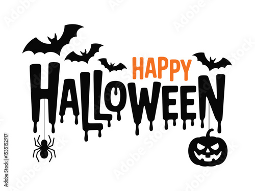 Halloween Party Vector Design: Pumpkin, Witch, Spiders and Bats