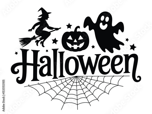 Halloween Party Vector Design: Pumpkin, Witch, Spiders and Bats