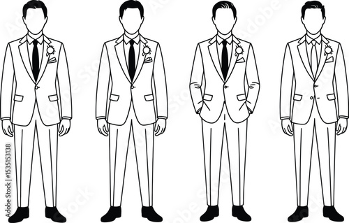 Groomsmen illustration various suits wedding party apparel black and white