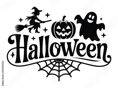 Halloween Party Vector Design: Pumpkin, Witch, Spiders and Bats