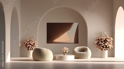 Ultra HD view of a minimalist interior with modern furniture shapes, abstract canvas, and a delicate floral vase arrangement.