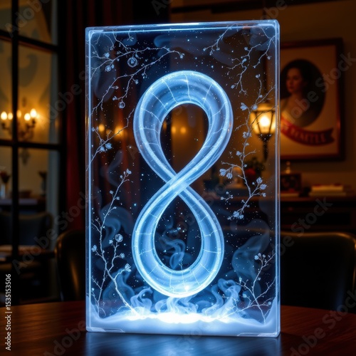 double helix carved into frosted glass, lit from behind with cool tones