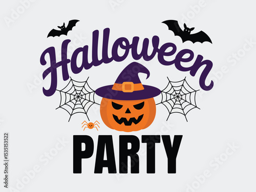 Halloween Party Vector Design: Pumpkin, Witch, Spiders and Bats