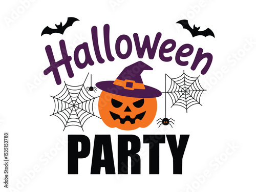 Halloween Party Vector Design: Pumpkin, Witch, Spiders and Bats