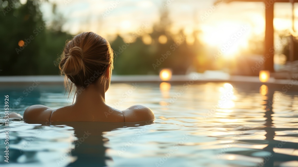 A tranquil scene of a woman lounging in a swimming pool, gazing at a sunset, capturing the essence of relaxation, serenity, and the beauty of nature. A tranquil scene of a woman lounging in a swimming pool, gazing at a sunset, capturing the essence of relaxation, serenity, and the beauty of nature.