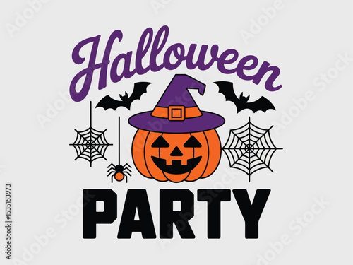 Halloween Party Vector Design: Pumpkin, Witch, Spiders and Bats