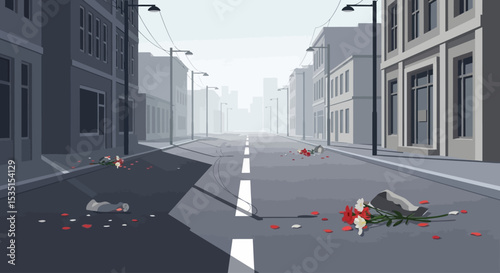 Desolate City Street Scattered Flowers, Foggy Dawn