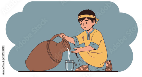 Young Boy Pouring Water from Jug into Glass