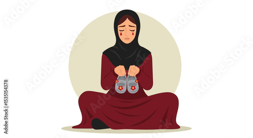 Sad Woman in Hijab Holding Baby Shoes, Grief Illustration