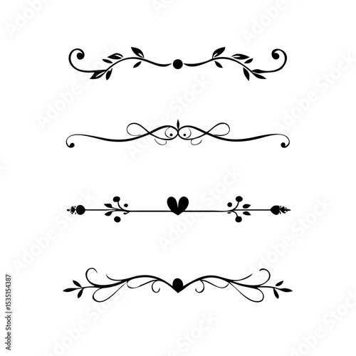 text dividers doodle set. Wedding decorative elements. Divider ornament, borders, floral, vintage line separators. Hand drawn vector illustration isolated on white background. Set page dividers.
