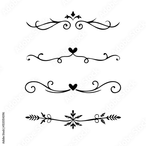text dividers doodle set. Wedding decorative elements. Divider ornament, borders, floral, vintage line separators. Hand drawn vector illustration isolated on white background. Set page dividers.

