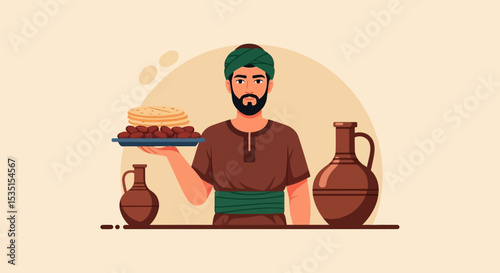 Middle Eastern Man Serving Traditional Food and Drink
