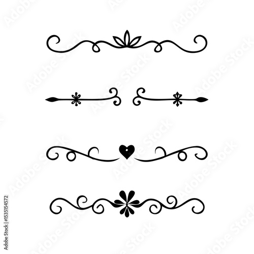 text dividers doodle set. Wedding decorative elements. Divider ornament, borders, floral, vintage line separators. Hand drawn vector illustration isolated on white background. Set page dividers.
