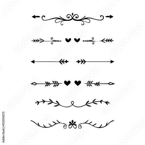text dividers doodle set. Wedding decorative elements. Divider ornament, borders, floral, vintage line separators. Hand drawn vector illustration isolated on white background. Set page dividers.
