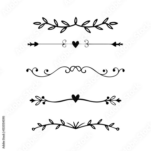 text dividers doodle set. Wedding decorative elements. Divider ornament, borders, floral, vintage line separators. Hand drawn vector illustration isolated on white background. Set page dividers.
