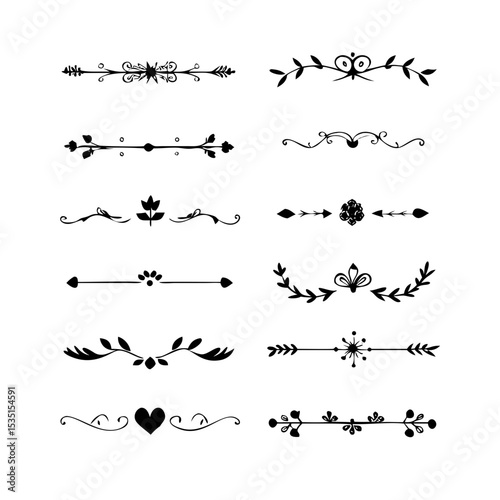 text dividers doodle set. Wedding decorative elements. Divider ornament, borders, floral, vintage line separators. Hand drawn vector illustration isolated on white background. Set page dividers.

