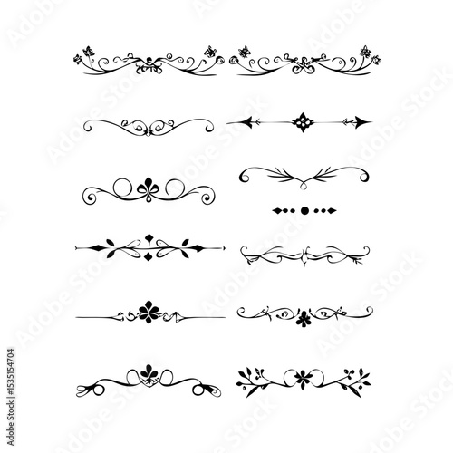 text dividers doodle set. Wedding decorative elements. Divider ornament, borders, floral, vintage line separators. Hand drawn vector illustration isolated on white background. Set page dividers.
