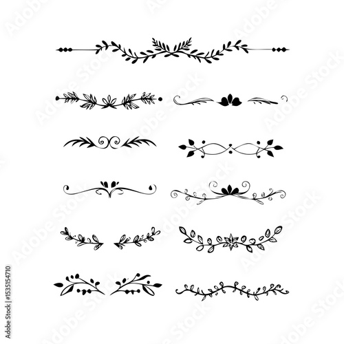 text dividers doodle set. Wedding decorative elements. Divider ornament, borders, floral, vintage line separators. Hand drawn vector illustration isolated on white background. Set page dividers.
