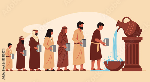 Ancient People Collecting Water from a Large Jar