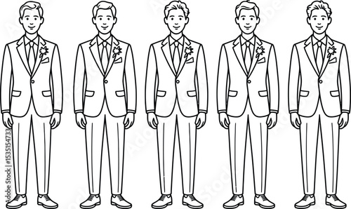 Line art illustration of five groomsmen wearing suits with flower lapel pins