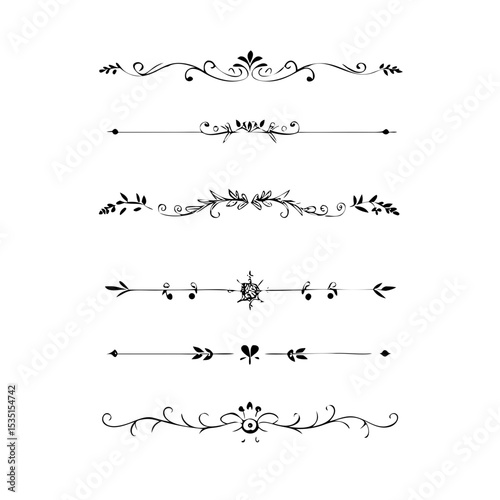 text dividers doodle set. Wedding decorative elements. Divider ornament, borders, floral, vintage line separators. Hand drawn vector illustration isolated on white background. Set page dividers.
