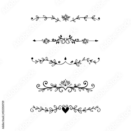 text dividers doodle set. Wedding decorative elements. Divider ornament, borders, floral, vintage line separators. Hand drawn vector illustration isolated on white background. Set page dividers.
