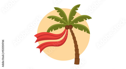 Tropical Palm Tree with Red Ribbons Summer Vacation Icon
