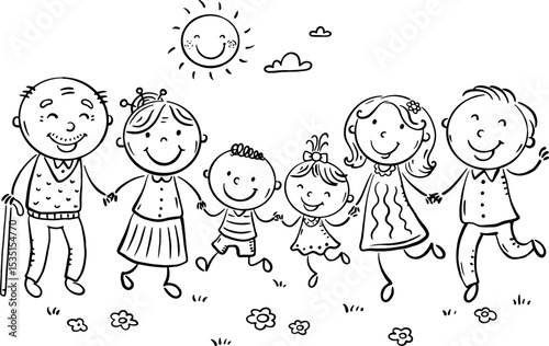 Cute cartoon family jumping together. Outline illustration