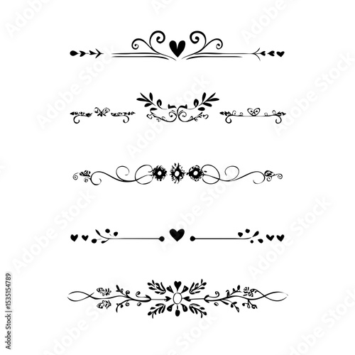 text dividers doodle set. Wedding decorative elements. Divider ornament, borders, floral, vintage line separators. Hand drawn vector illustration isolated on white background. Set page dividers.
