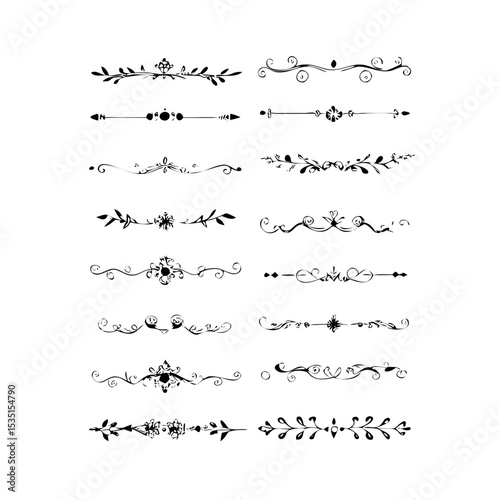 text dividers doodle set. Wedding decorative elements. Divider ornament, borders, floral, vintage line separators. Hand drawn vector illustration isolated on white background. Set page dividers.
