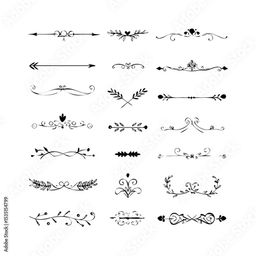 text dividers doodle set. Wedding decorative elements. Divider ornament, borders, floral, vintage line separators. Hand drawn vector illustration isolated on white background. Set page dividers.
