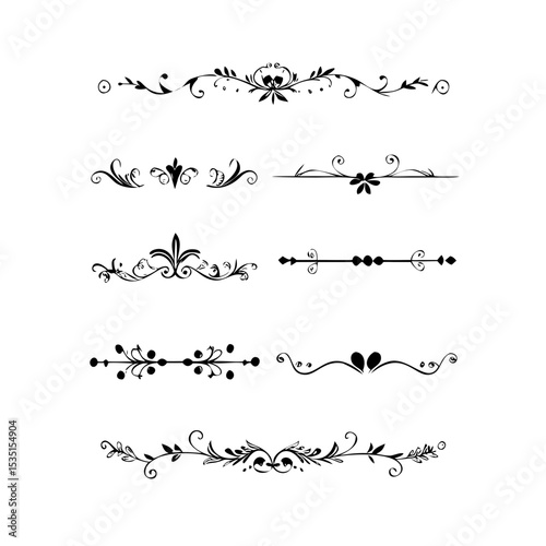 text dividers doodle set. Wedding decorative elements. Divider ornament, borders, floral, vintage line separators. Hand drawn vector illustration isolated on white background. Set page dividers.
