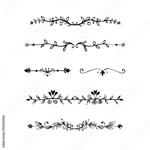 text dividers doodle set. Wedding decorative elements. Divider ornament, borders, floral, vintage line separators. Hand drawn vector illustration isolated on white background. Set page dividers.
