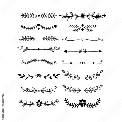 text dividers doodle set. Wedding decorative elements. Divider ornament, borders, floral, vintage line separators. Hand drawn vector illustration isolated on white background. Set page dividers.
