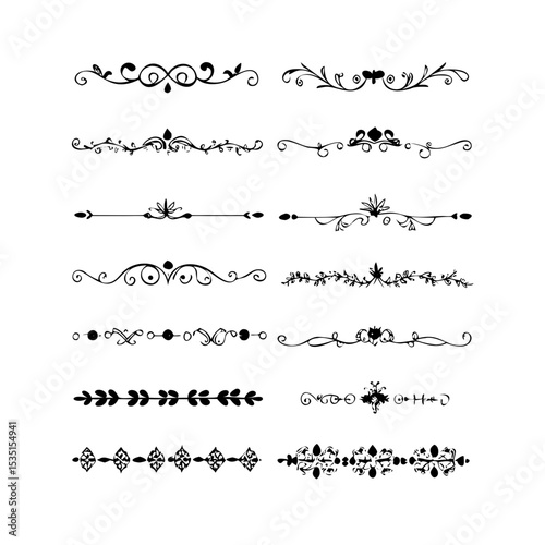 text dividers doodle set. Wedding decorative elements. Divider ornament, borders, floral, vintage line separators. Hand drawn vector illustration isolated on white background. Set page dividers.
