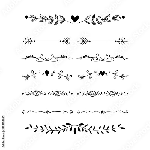 text dividers doodle set. Wedding decorative elements. Divider ornament, borders, floral, vintage line separators. Hand drawn vector illustration isolated on white background. Set page dividers.
