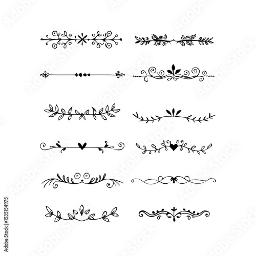 text dividers doodle set. Wedding decorative elements. Divider ornament, borders, floral, vintage line separators. Hand drawn vector illustration isolated on white background. Set page dividers.
