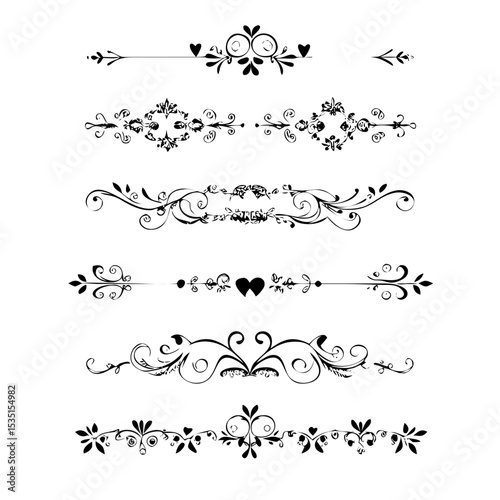 text dividers doodle set. Wedding decorative elements. Divider ornament, borders, floral, vintage line separators. Hand drawn vector illustration isolated on white background. Set page dividers.

