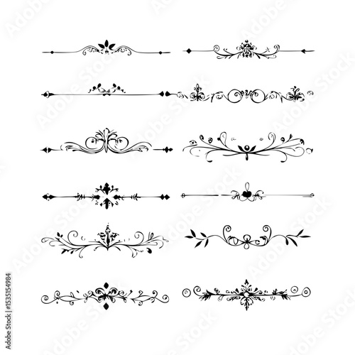 text dividers doodle set. Wedding decorative elements. Divider ornament, borders, floral, vintage line separators. Hand drawn vector illustration isolated on white background. Set page dividers.
