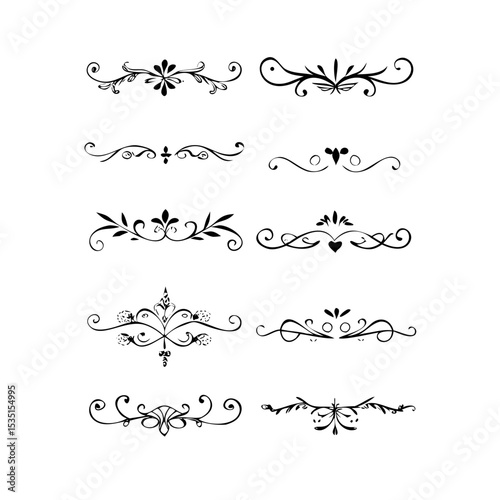 text dividers doodle set. Wedding decorative elements. Divider ornament, borders, floral, vintage line separators. Hand drawn vector illustration isolated on white background. Set page dividers.
