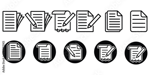 Document and Writing Icon Set – Vector Symbols Representing Papers, Files, Editing, Text, Pencil, Notepad, and Office Actions for UI, Apps, Print, Web Design, and Productivity Tools

