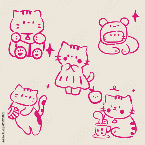 Seamless pattern with doodle cats among stars. Continuous one line kittens. Feline in different poses. Animals sit, lay,relax. Childish monochrome print,wrapping paper. Modern drawing with domestic pe