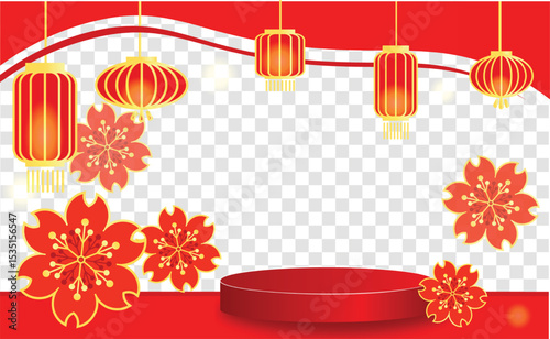 Happy New Year! Vector design of the poster-flyer with dium. Template for postcards, congratulations. A podium with Chinese flowers and Chinese lanterns, there is a place for the text