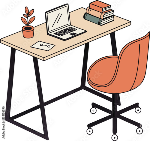 Modern office desk workspace – vector flat design with chair, laptop, books, and potted plant