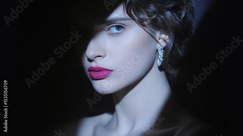 Elegant Woman with Bold Lipstick and Sparkling Earrings in Dim Lighting
