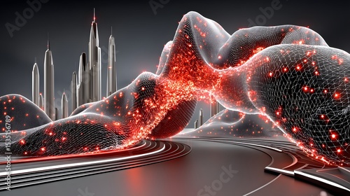 Red neon lights with digital waves high resolution background