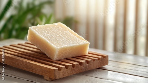 A beautifully crafted piece of natural soap displayed on wooden slats, reflecting mindfulness and the art of sustainability for personal care products.