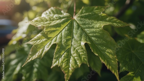 Close-up of a vibrant green maple leaf with detailed veins and soft sunlight filtering through