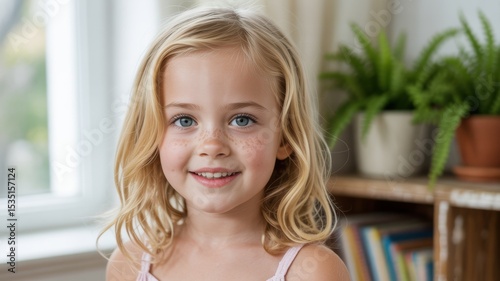 A young girl with blonde hair smiling indoors near a window and plants